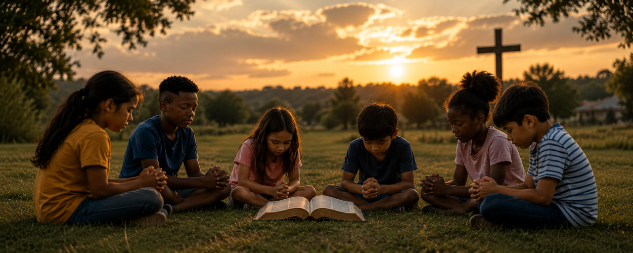 Children gathered in prayer around an open Bible at sunset, with a cross in the background.